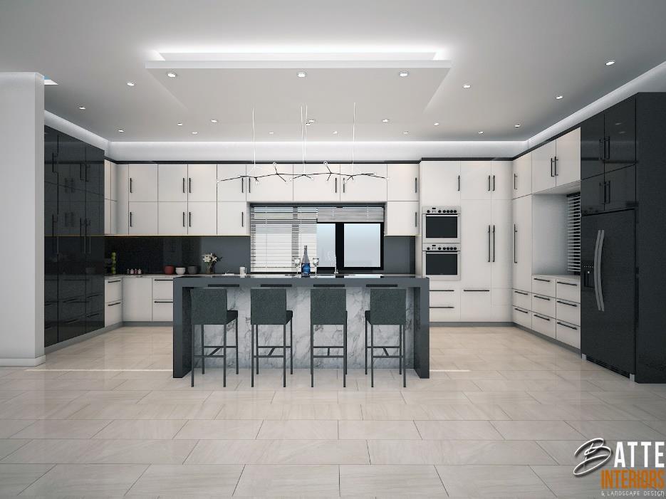 Modern kitchen concept with island breakfast bar and two-tone cabinetry
