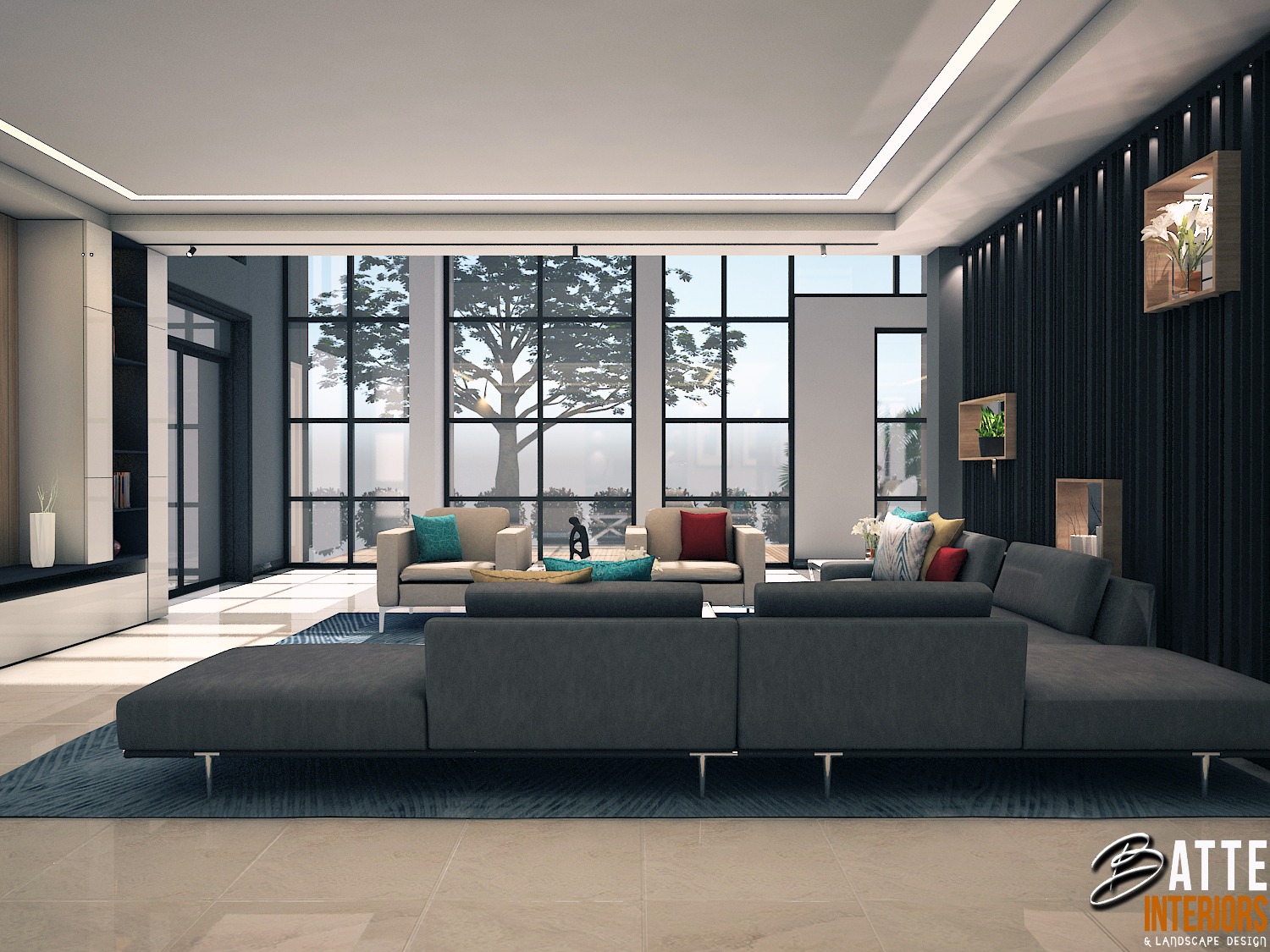 Lounge with floor-to-ceiling glazing and layered artificial lighting