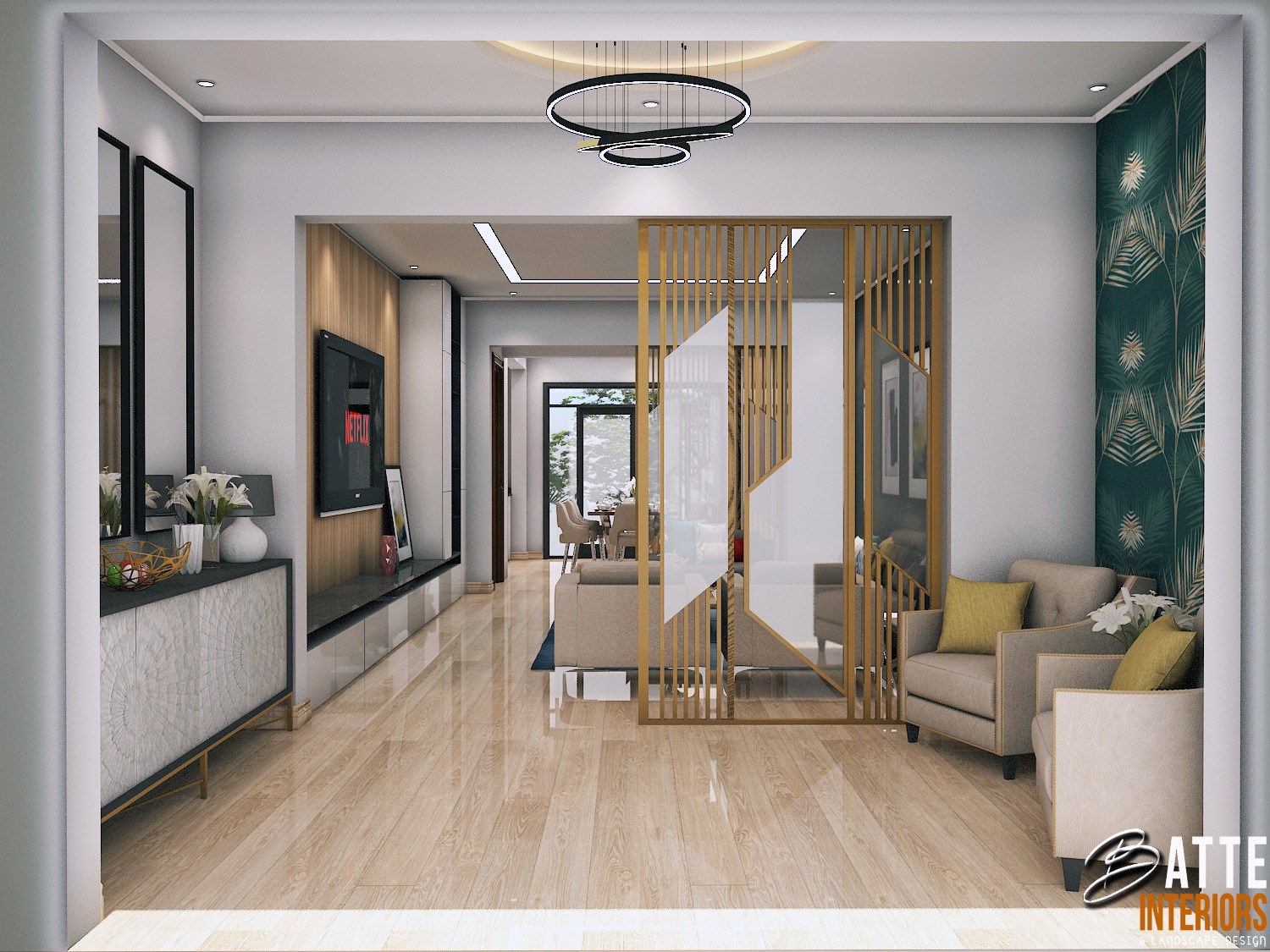 Hallway concept with slatted partition defining circulation through an open plan