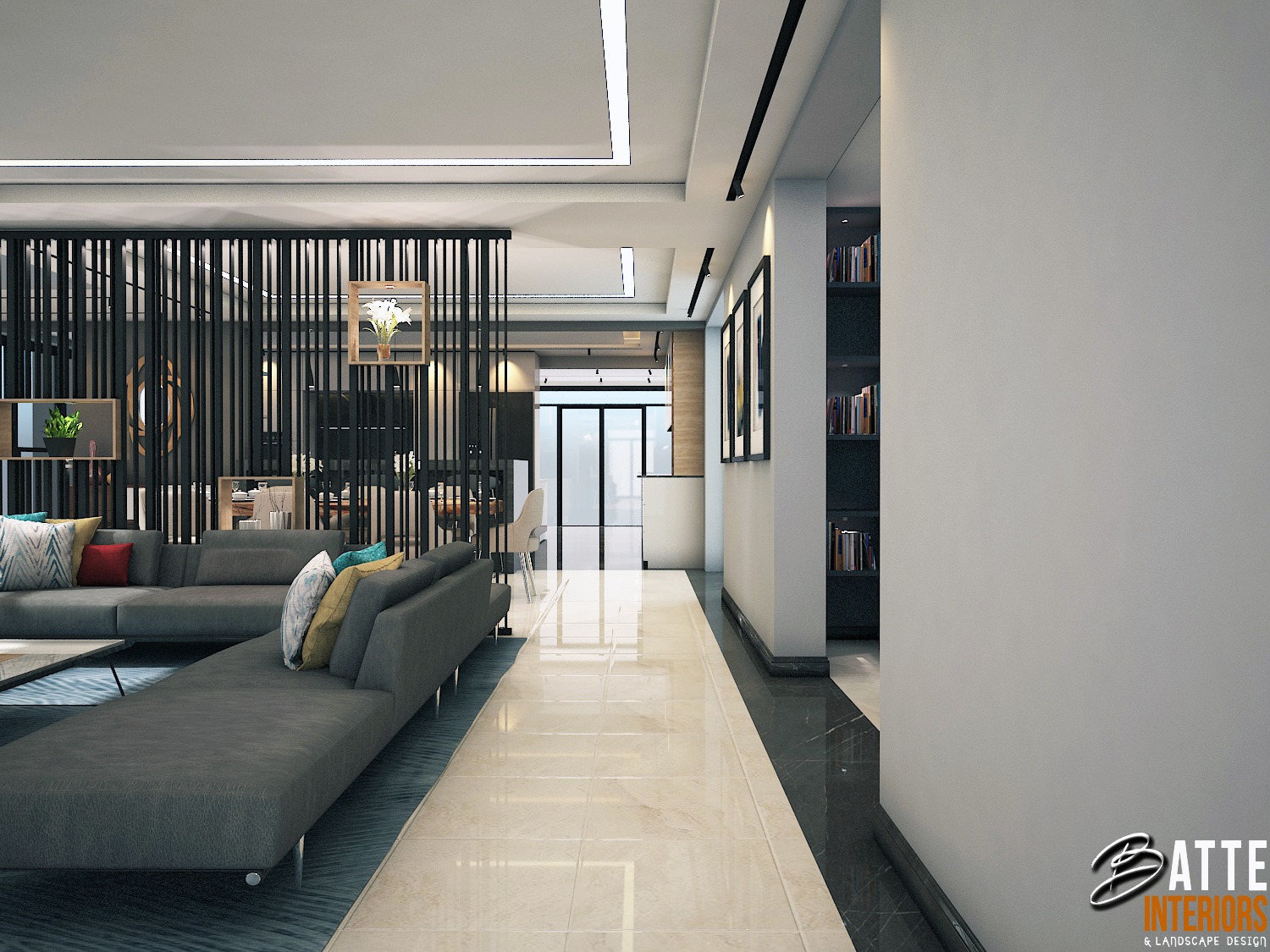 Gold slat partition dividing a lounge from an adjoining space