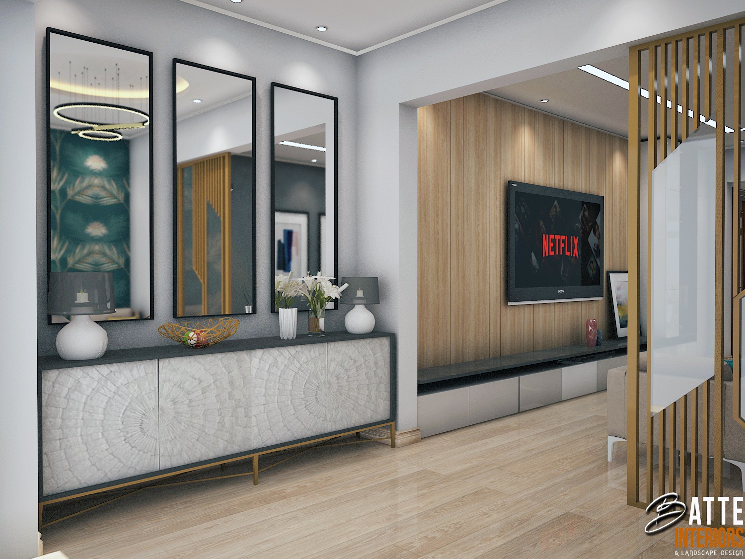 Residential lounge concept showing layered lighting and wall treatment