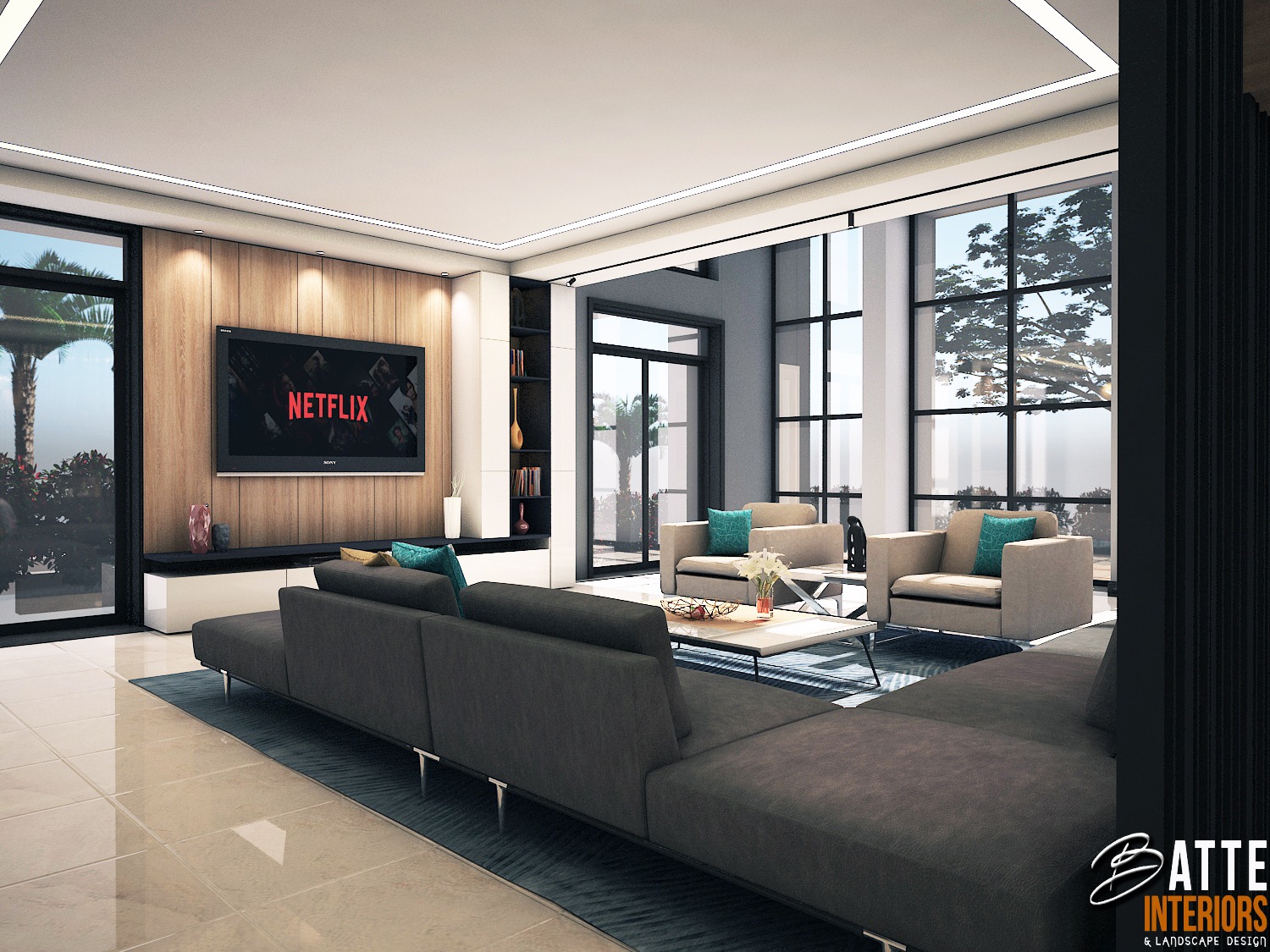 Lounge concept with wood-panelled TV wall and layered lighting