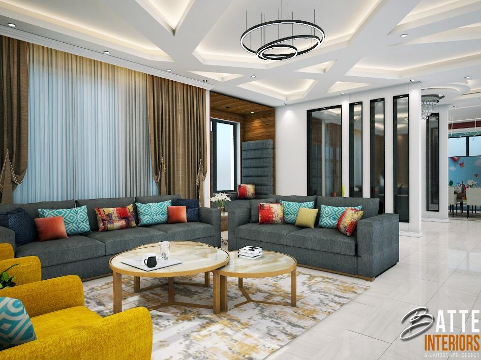 Residential living room concept with layered lighting and a mixed-media wall